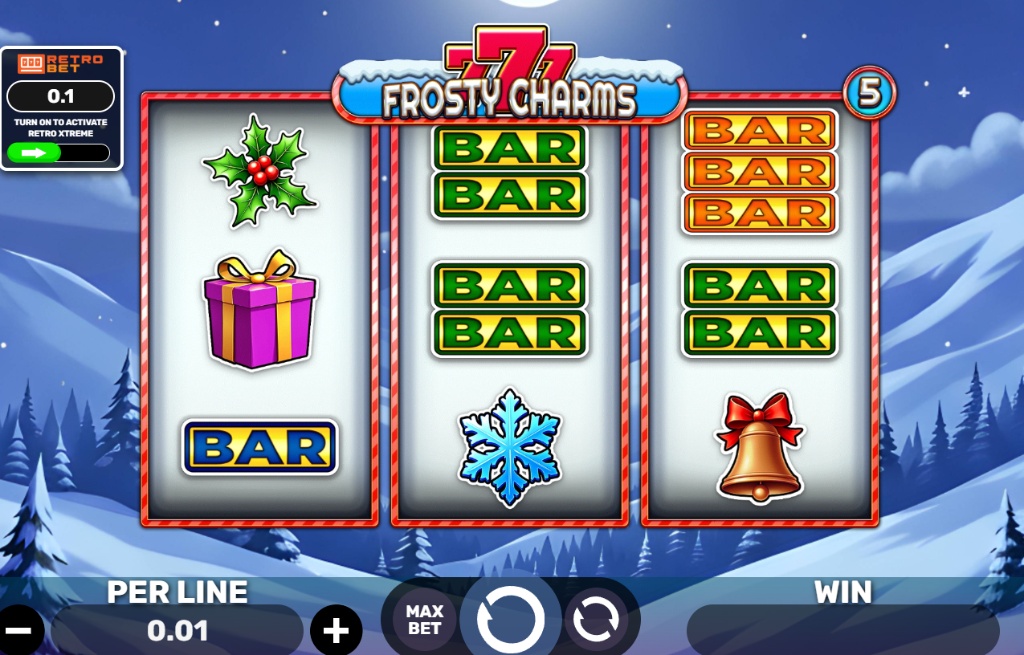 777 Frosty Charms slot base game interface showing 3 reels and Retro Bet toggle