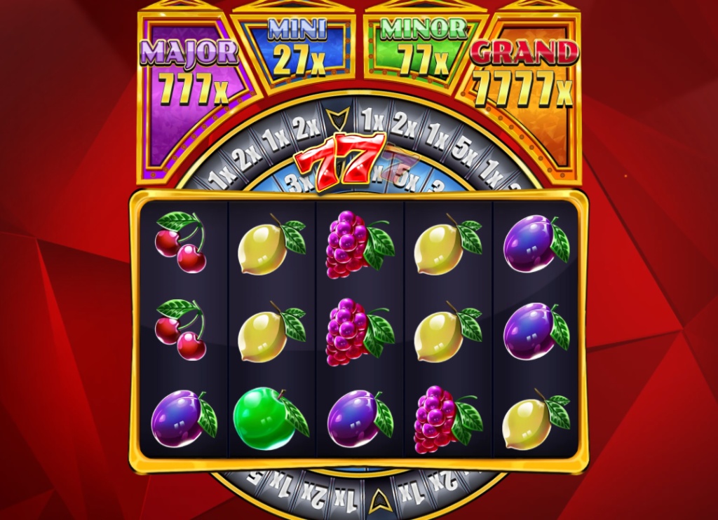 777 Super Wheel Hold & Win slot base game interface showing 5x3 grid with cherry, lemon, and 777 symbols