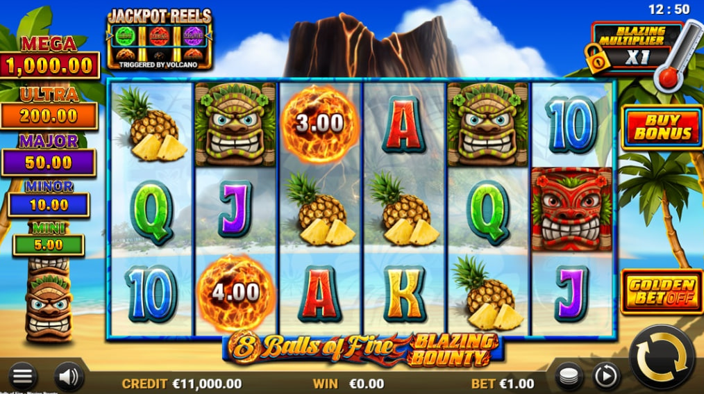 8 Balls of Fire Blazing Bounty base game view showing the 6-reel, 3-4-3-3-3-3 layout and Tiki symbols.