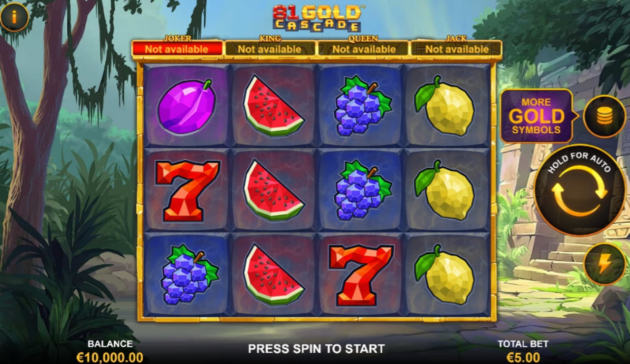 The 4x3 reel layout of the 81 Gold Cascade slot, showing fruit symbols and a jungle temple background.