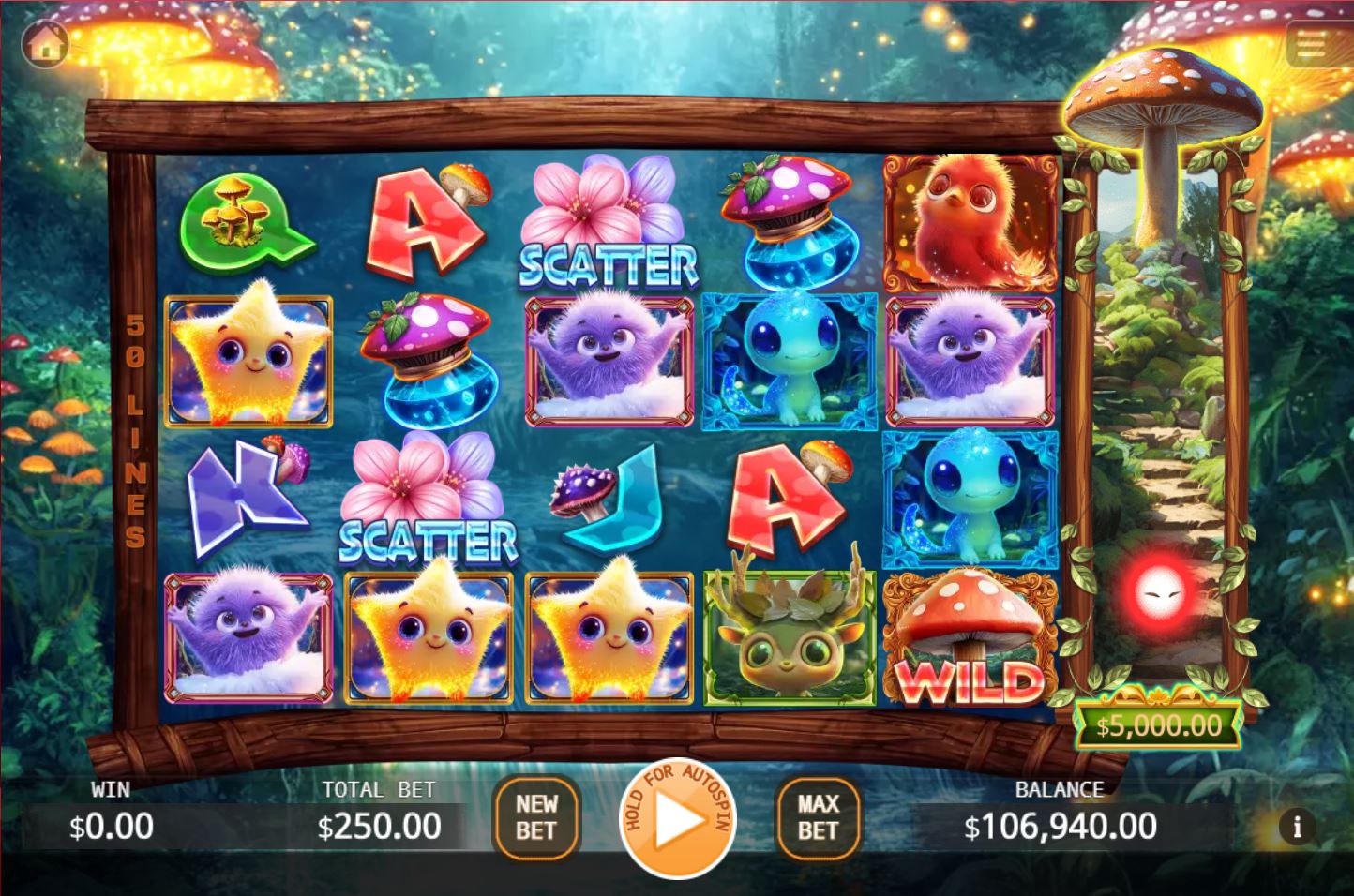 The base game grid of the Attack Huge Mushroom slot, showing the 5x4 layout and whimsical forest creature symbols.