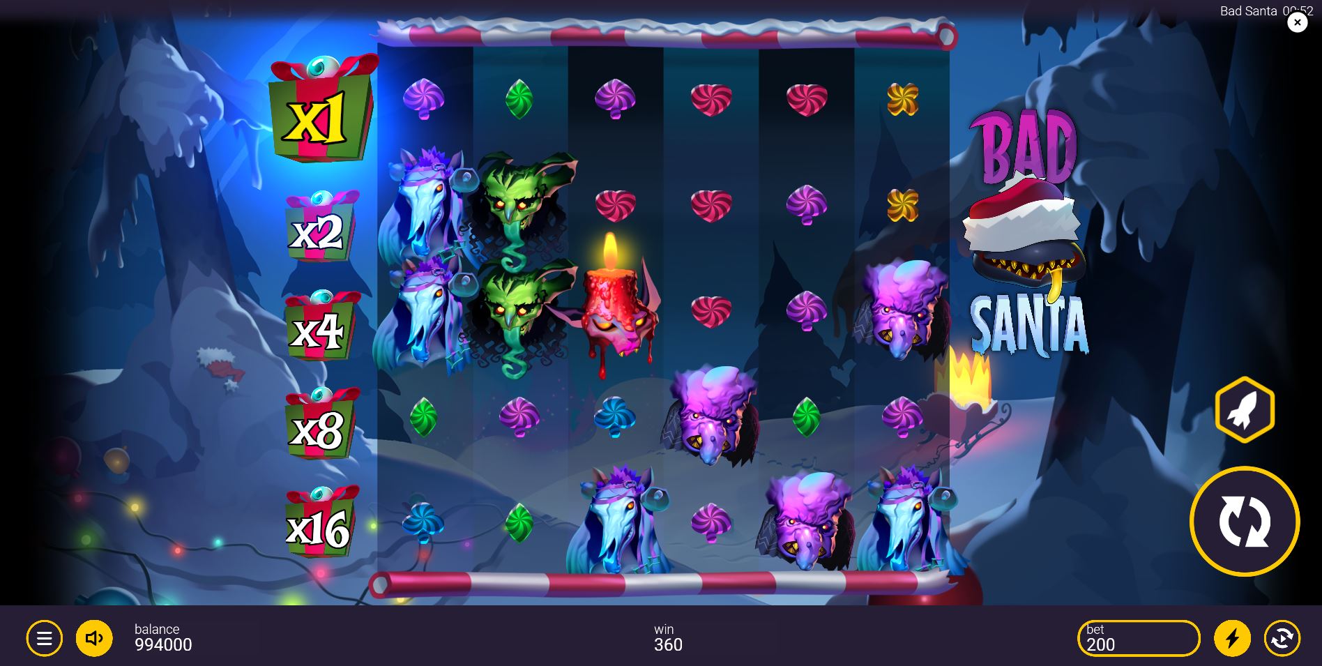 The main 6x5 game grid of the Bad Santa slot, showcasing the ghoulish Christmas characters and the multiplier ladder on the left.