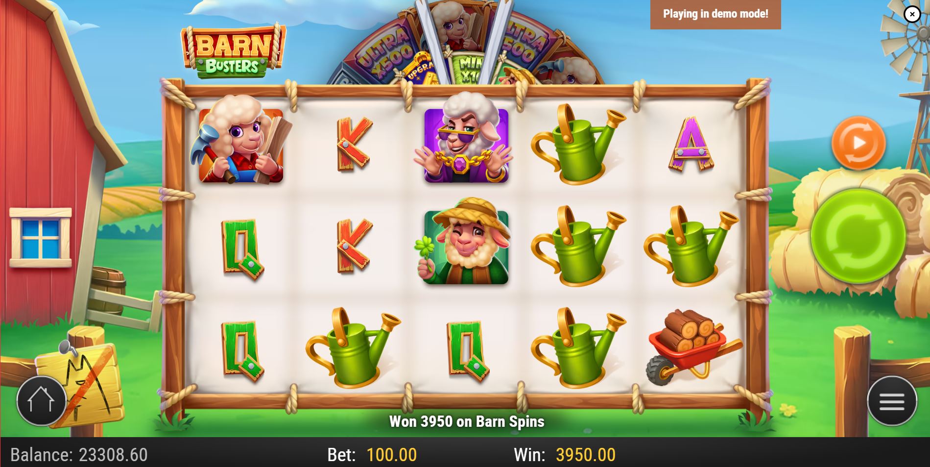 The 5x3 reel layout of the Barn Busters slot showing the main animal characters and farm-themed symbols.