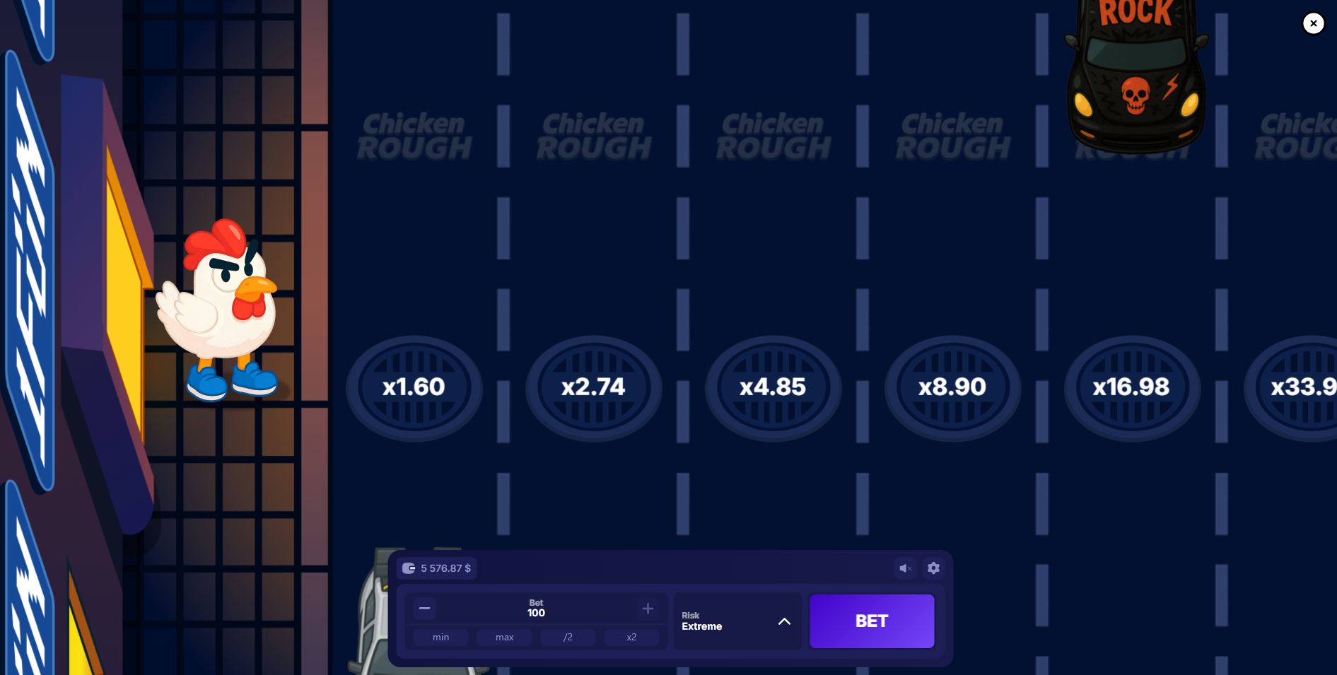 The main game screen of Chicken Rough, showing the chicken character ready to cross a multi-lane road at night.