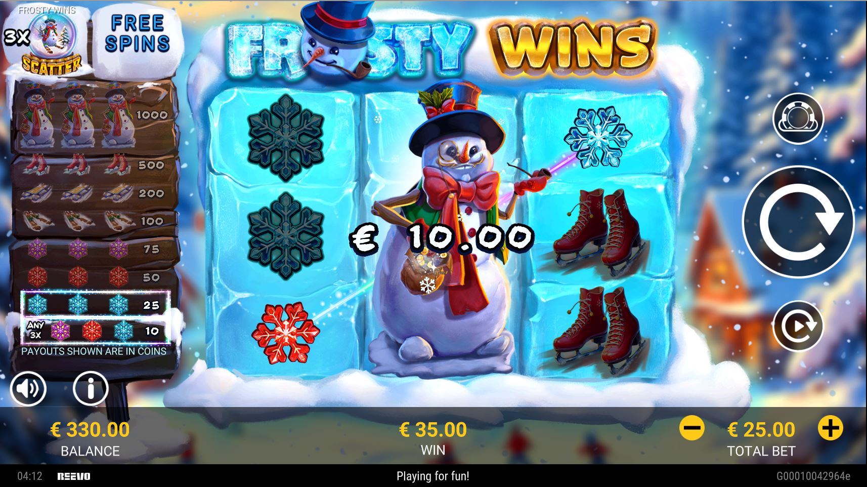 The Snowman Wild symbol expanding to cover an entire reel in the Frosty Wins slot game, creating a winning line.
