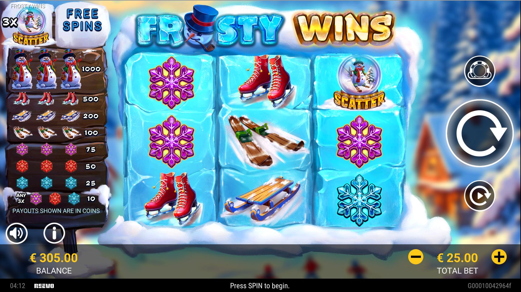 The 3x3 game grid of the Frosty Wins slot, showing the winter theme and paytable on the left.
