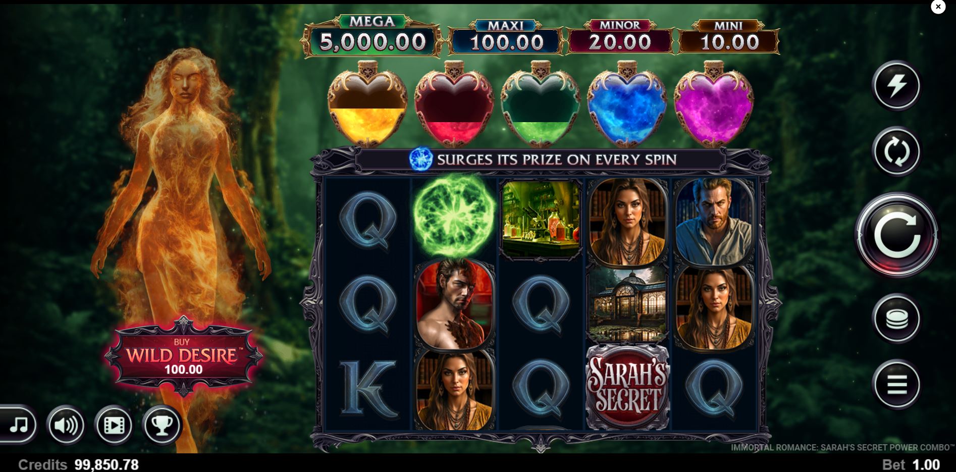 "Base game view of the Immortal Romance: Sarah's Secret Power Combo slot showing the 5x3 grid and main characters.