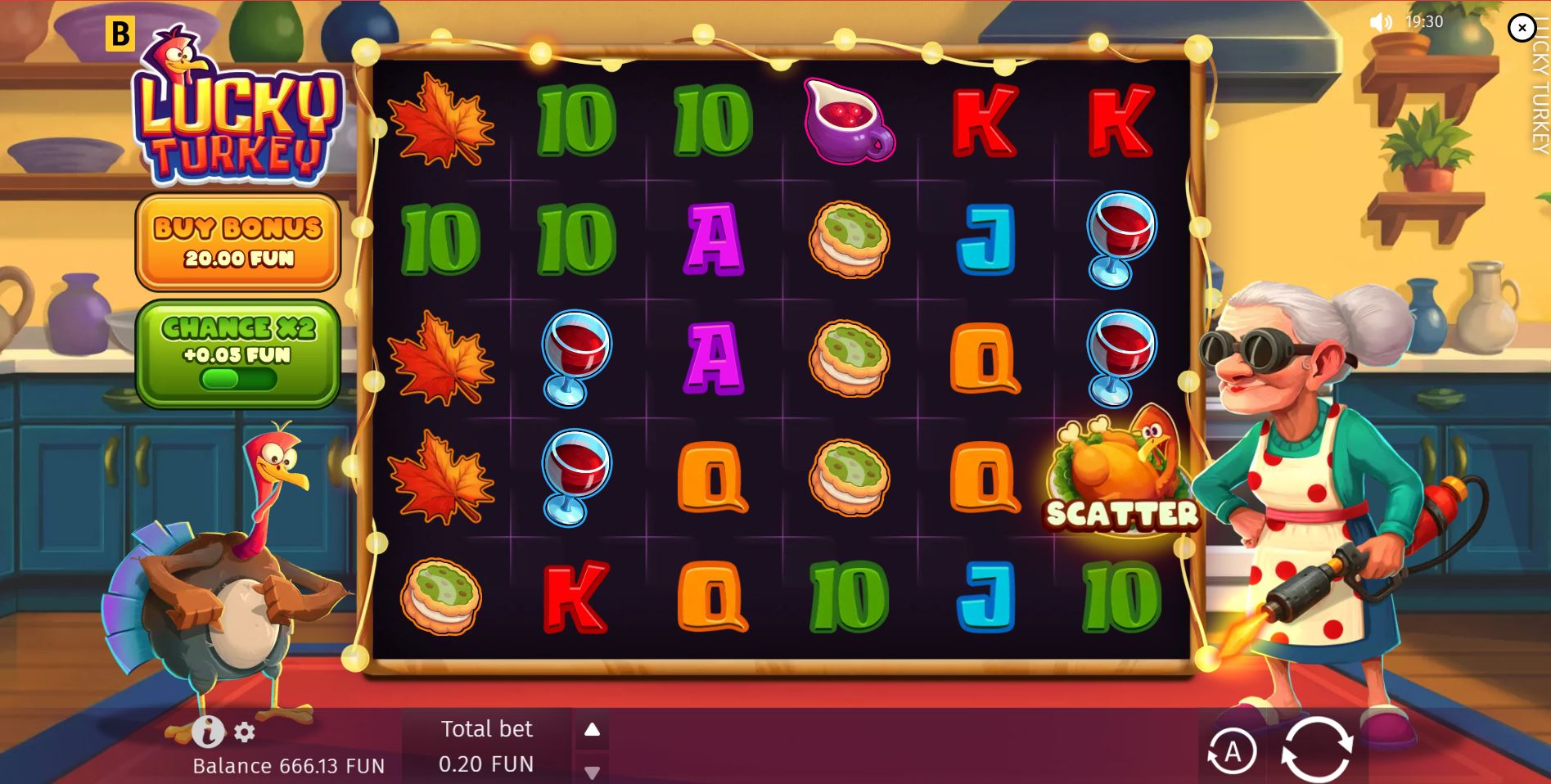 The main 6x5 game grid of the Lucky Turkey slot, showing the Thanksgiving theme with grandma and turkey characters.
