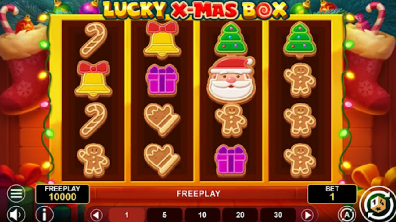 Lucky Xmas Box slot main game screen showing 4x4 grid with Santa and Gift symbols.