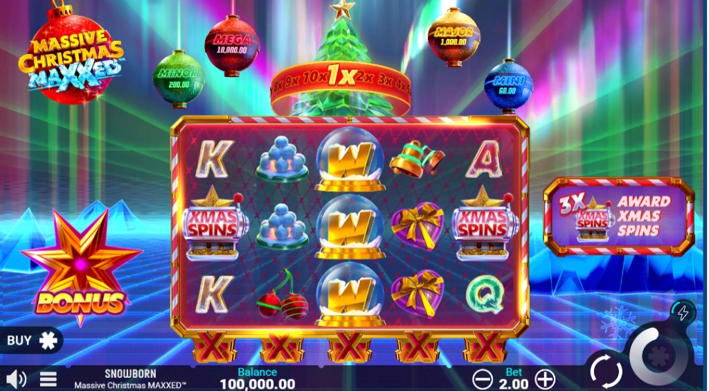 Massive Christmas MAXXED slot base game interface showing 5x3 grid, neon winter theme, and Gold Booster meter at 1x.