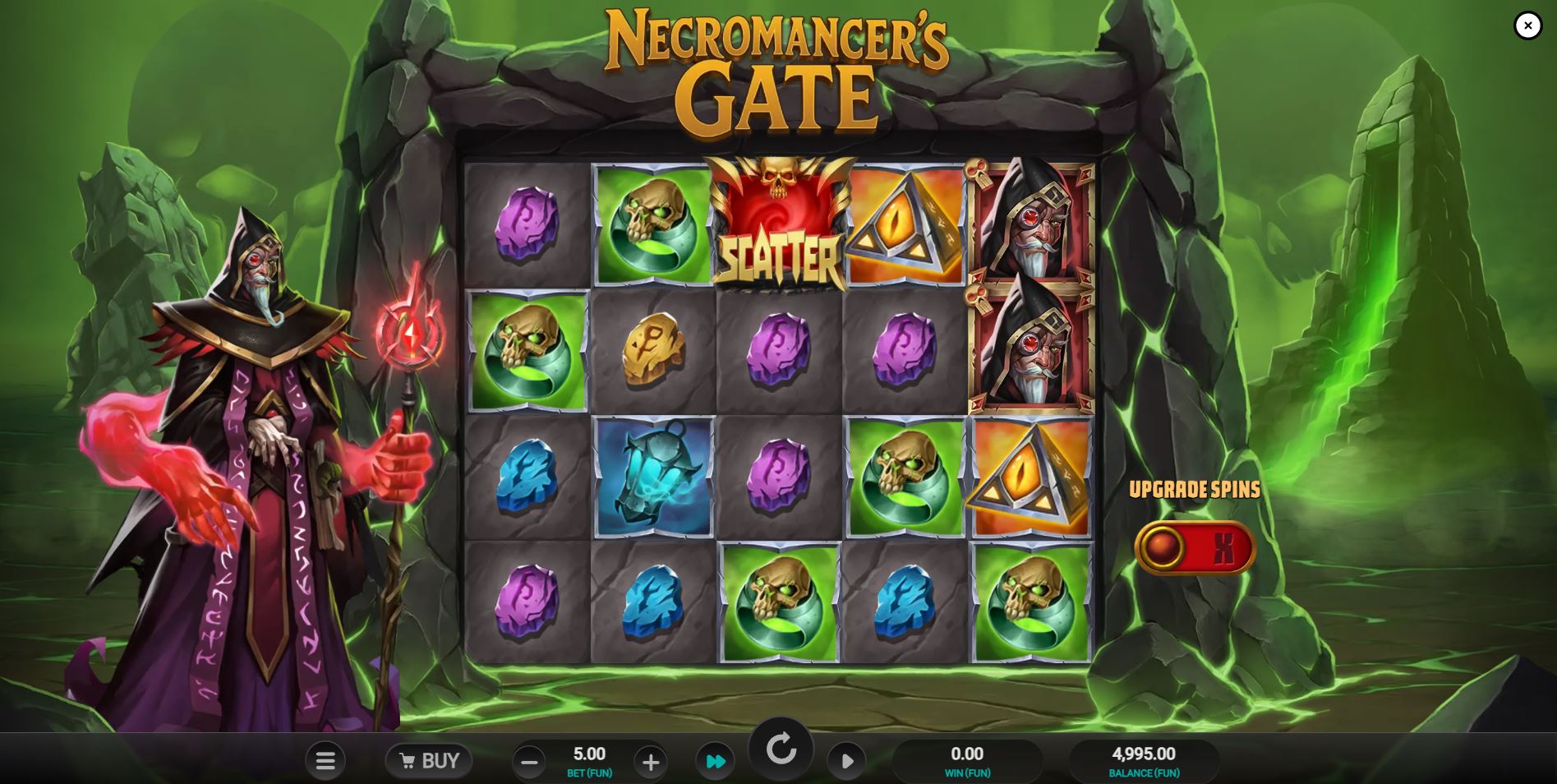 The 5x4 main grid of the Necromancer's Gate slot, with the powerful Necromancer character standing to the left.