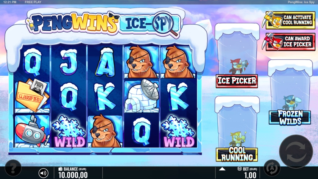 PengWins Ice-Spy slot base game showing 5x3 grid and ice axes