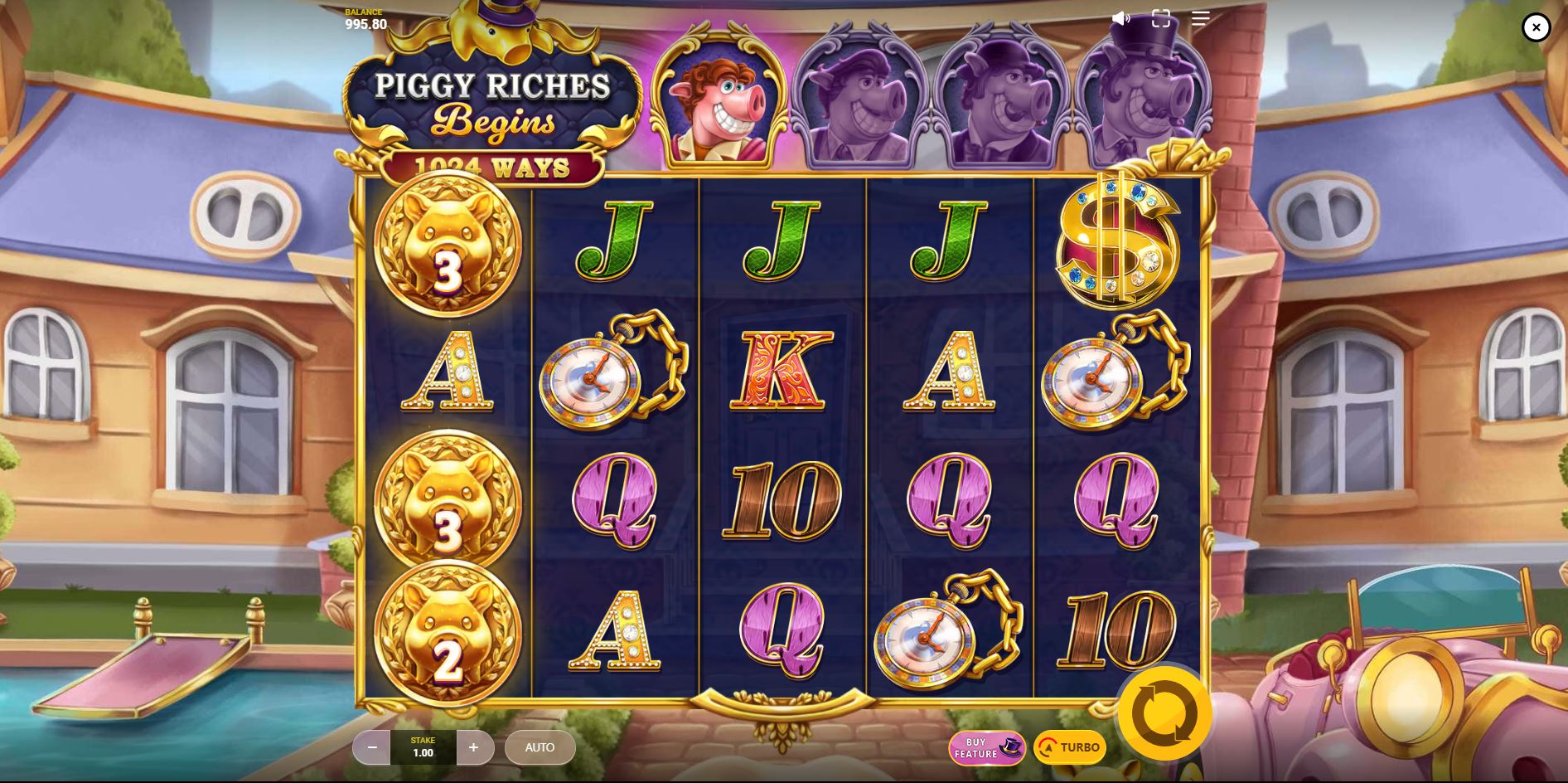 The base game grid of Piggy Riches Begins slot at level one, showing the initial 5x4 layout.