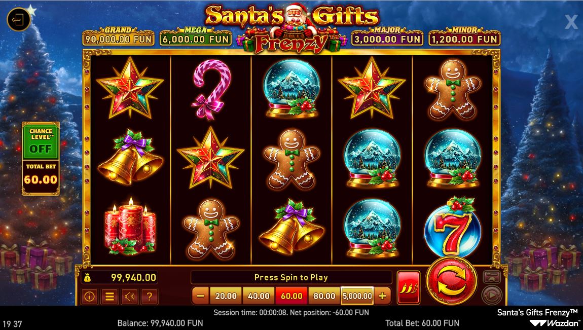 The main 5x3 game grid of the Santa's Gifts Frenzy slot, showing various Christmas-themed symbols.