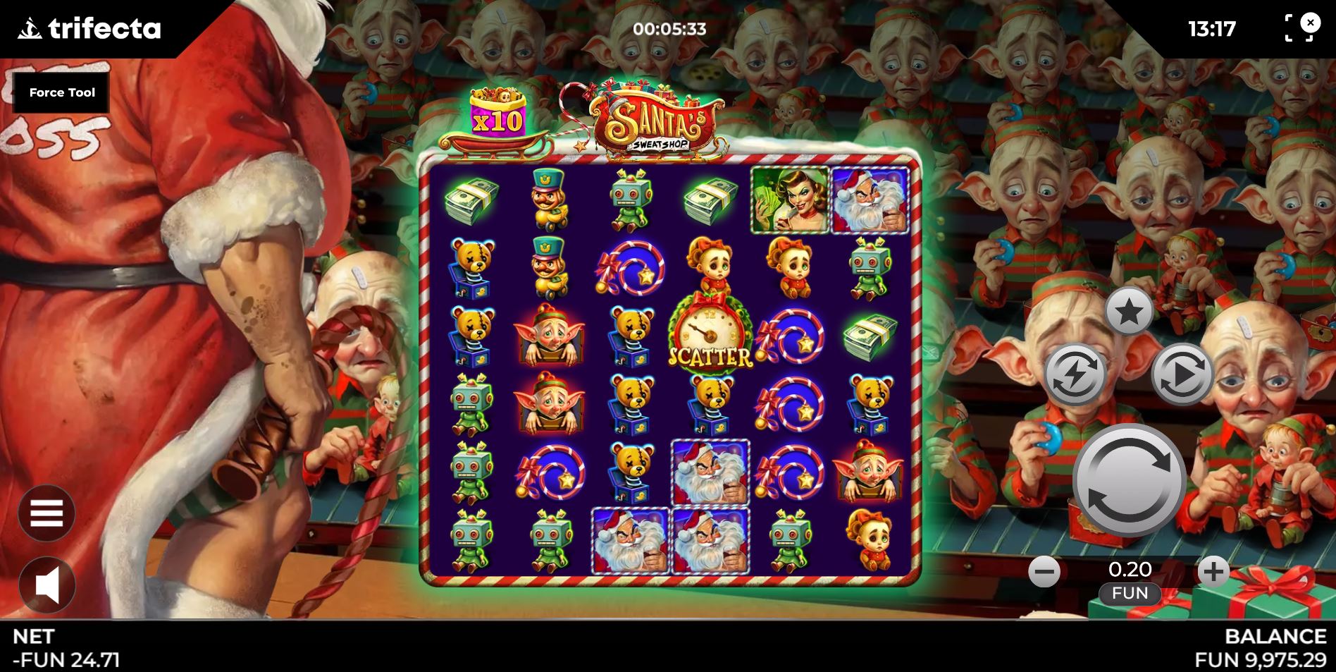 The 6x6 main game grid of Santa's Sweatshop, showing the dark Christmas theme with Santa and elves.