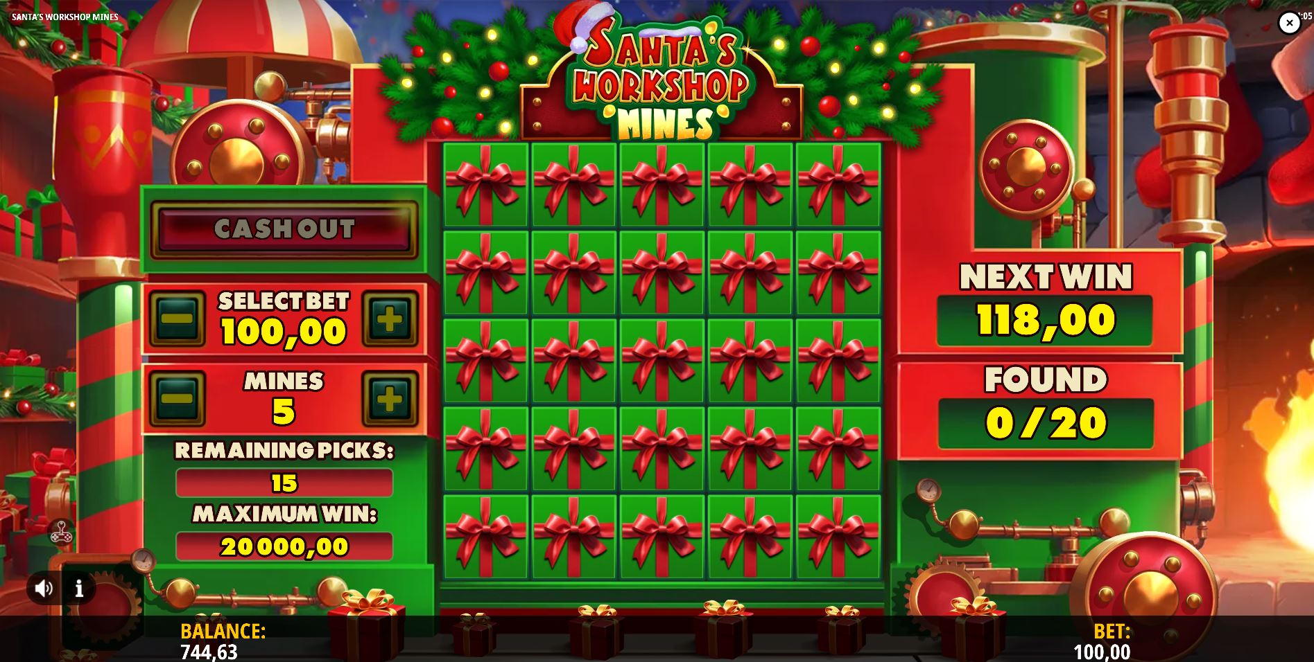 The main 5x5 playing grid in the Santa's Workshop Mines demo, showing 25 unopened gifts before the start of a round.