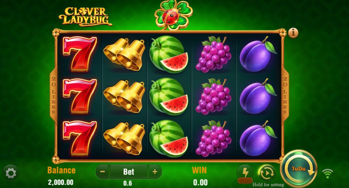 The 5x3 game grid of the Clover Ladybug slot, showcasing the classic fruit and 7 symbols against a vibrant green background.