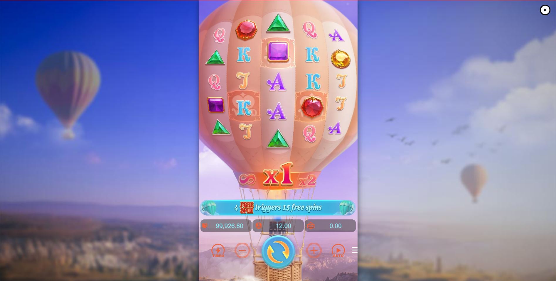 The primary 5x5 game grid of the Skylight Wonders slot, showing the jewel and royal symbols set inside a hot air balloon against a calm sky.