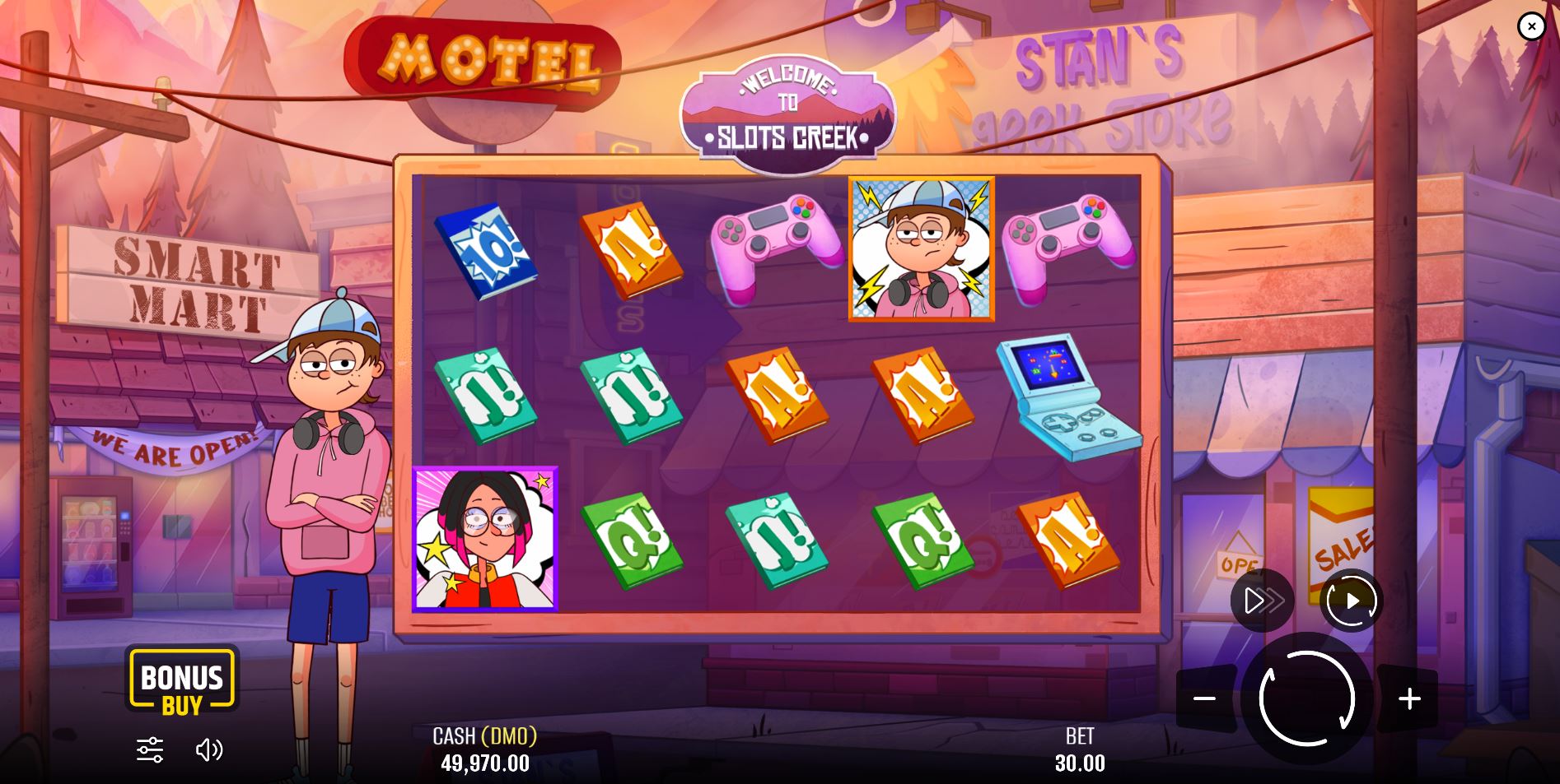 The main game screen of the Slots Creek slot, showing the 5x3 reel layout against a cartoon town backdrop.