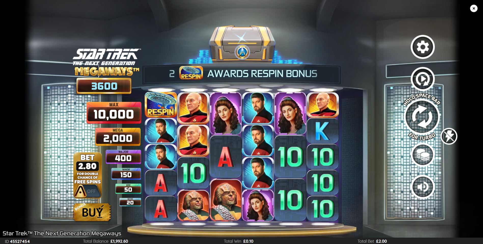 Main game grid of Star Trek The Next Generation Megaways slot, featuring the crew on a 6-reel layout.