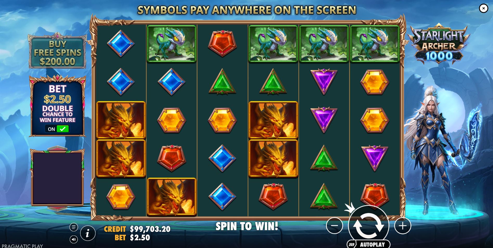 Starlight Archer 1000 slot machine base game view showing the 6x5 grid and the anime-style archer character.