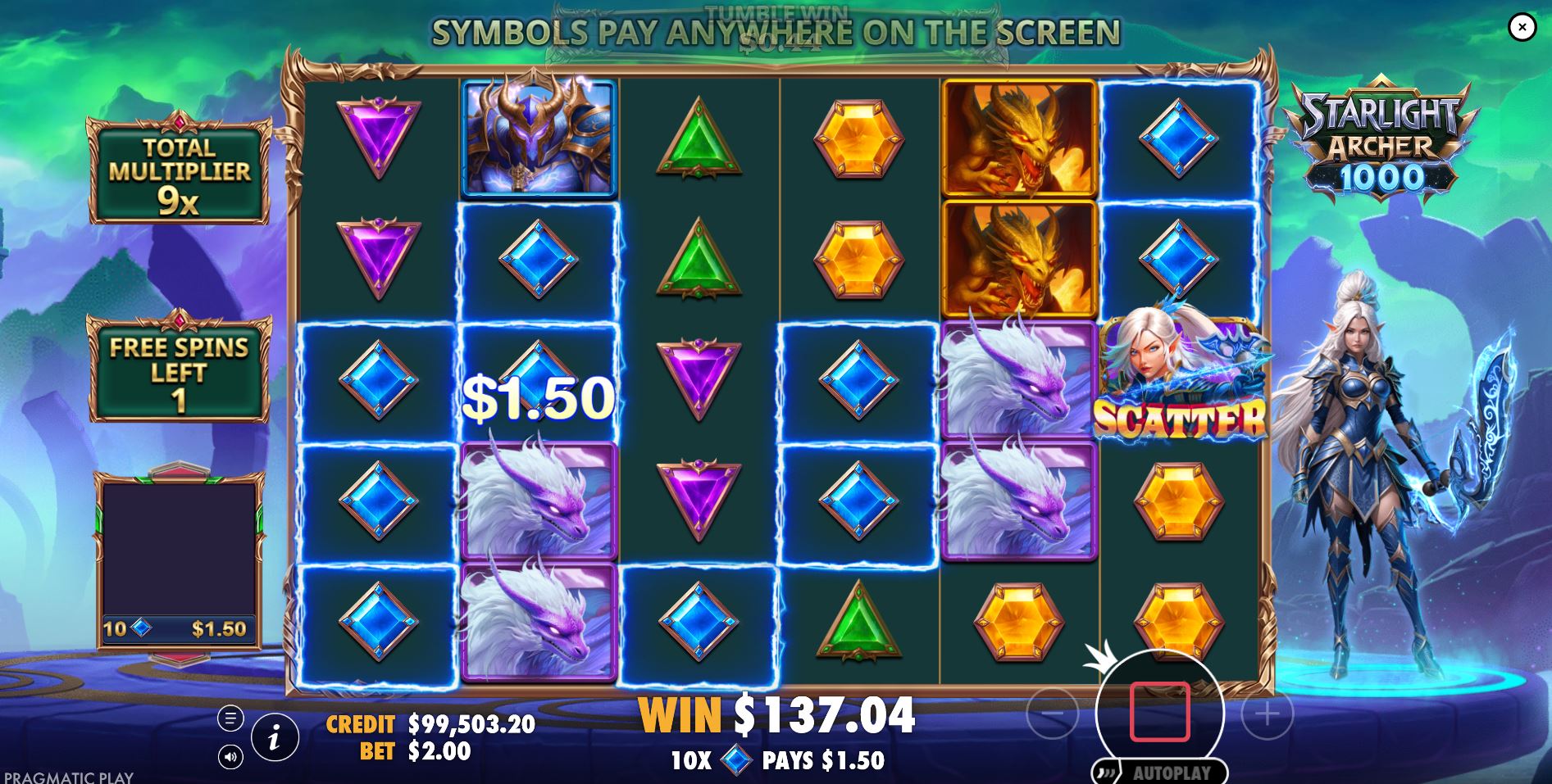 The Starlight Archer 1000 free spins feature with a significant total multiplier accumulated on the side of the reels.