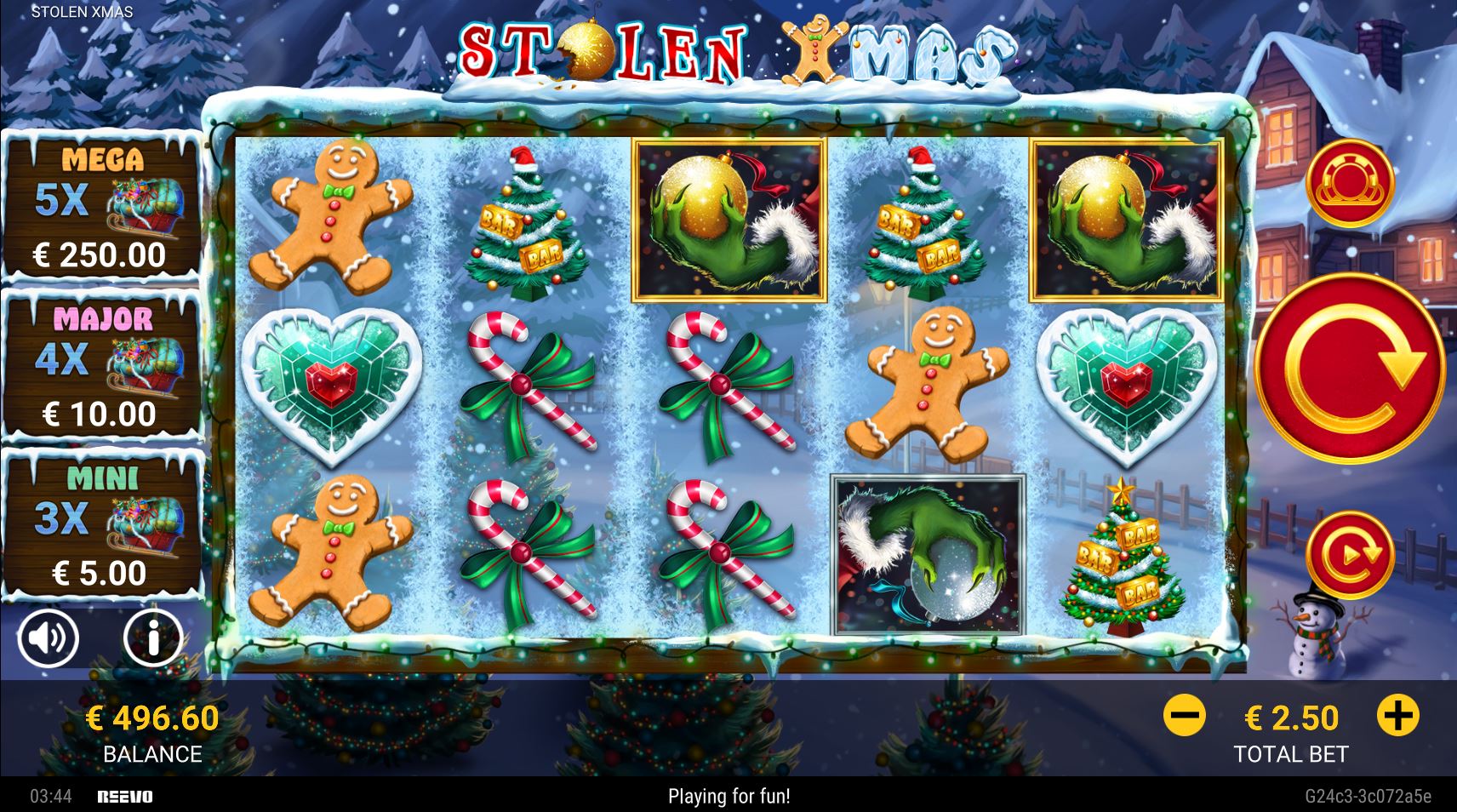 The main game grid of the Stolen Xmas slot, featuring its cartoonish holiday symbols on a 5x3 layout.