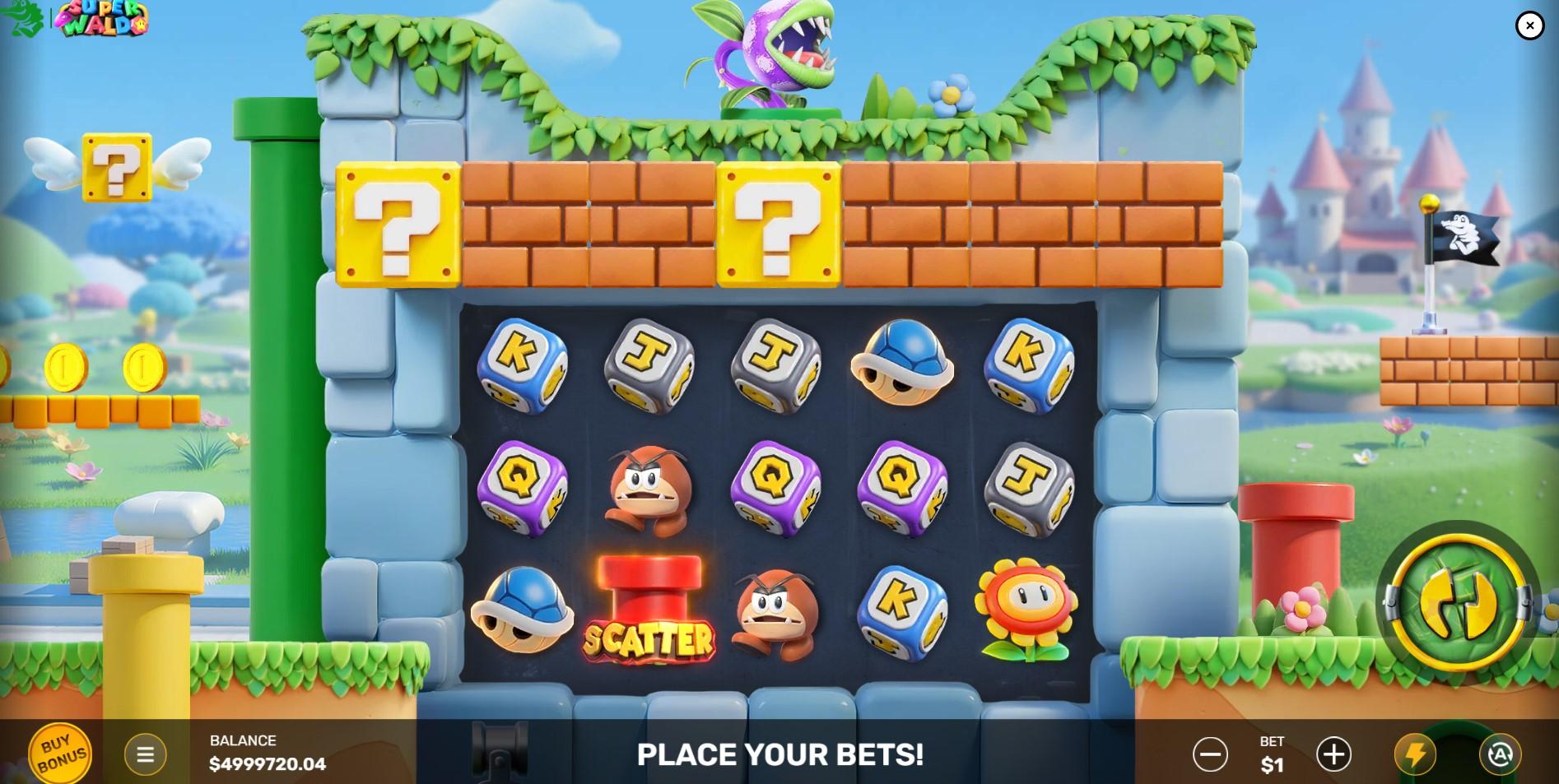 The main 5x3 game grid of the Super Waldo slot, with the character Waldo on the reels and the Bricks feature above.