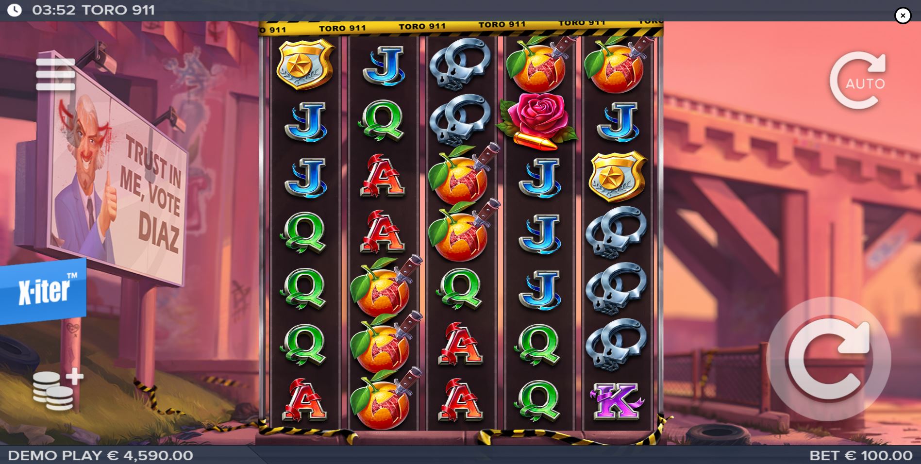 The base game screen of the Toro 911 online slot, showcasing the 5x7 reel layout and the corrupt city backdrop with Diaz's billboard.