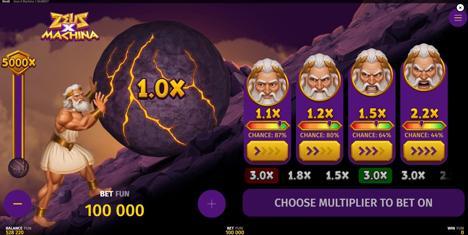 The main game screen of Zeus X Machina at the beginning of a round, showing Zeus ready to push the boulder with a 1.0x multiplier.