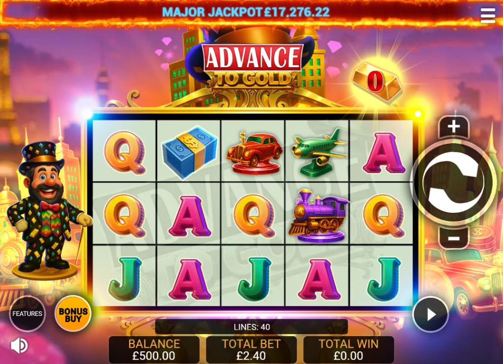 The base game reel layout of the Advance to Gold slot, showing the 5x4 grid and retro city theme.