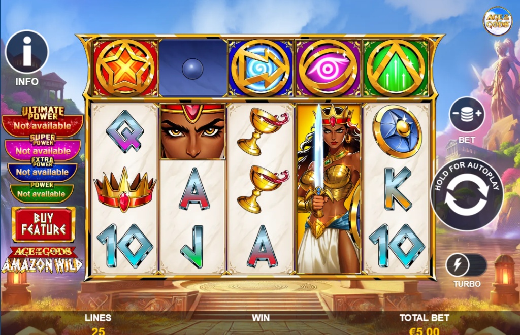 Base game reels of Age of the Gods Amazon Wild slot by Playtech set in a lush jungle with Amazonian symbols and 25 paylines.