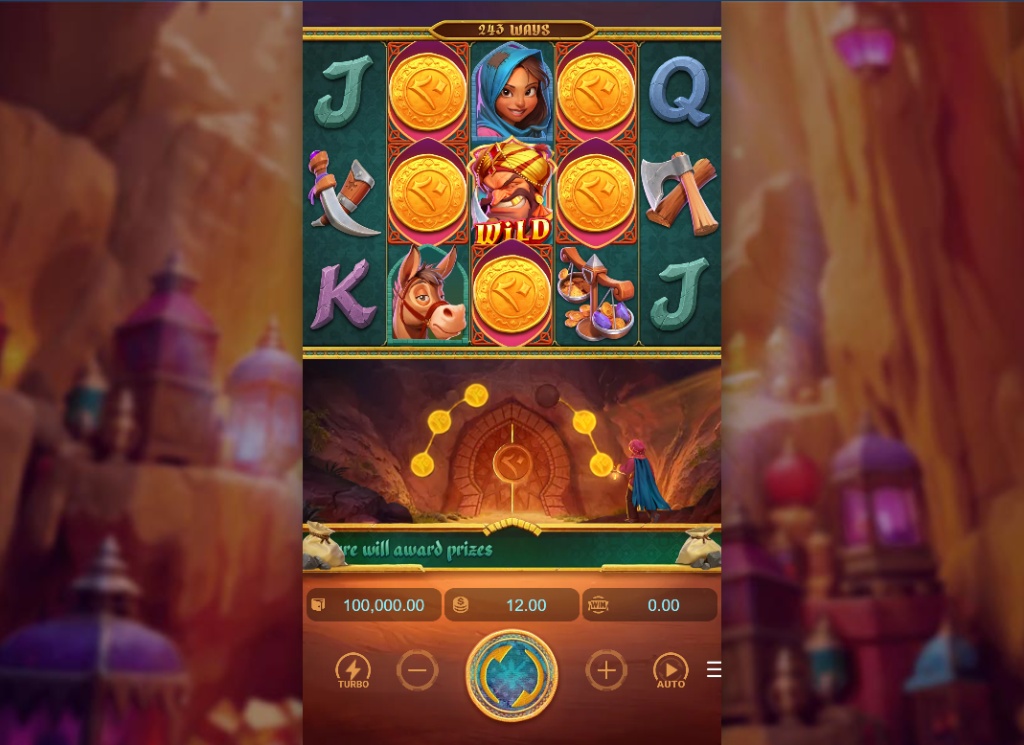 Alibaba's Cave of Fortune slot base game interface showing 5x3 grid and portrait mode on mobile.