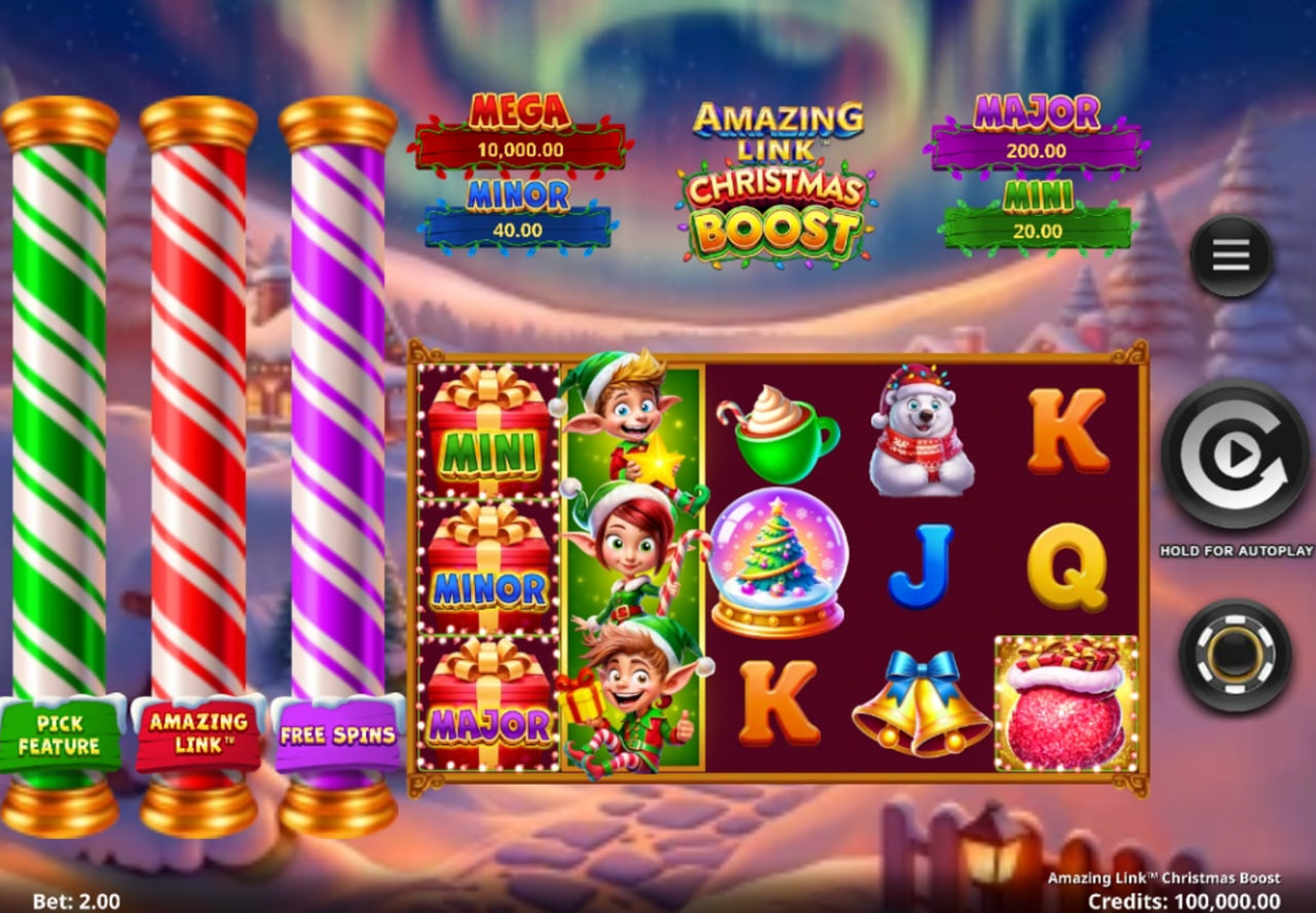 The 5x3 reel layout of the Amazing Link Christmas Boost slot demo, showing the Northern Lights background and jackpot meters.