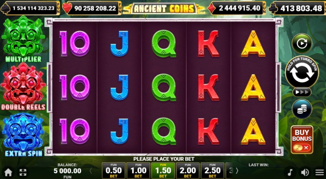 Ancient Coins slot base game 5x3 reel set with Aztec mask symbols and pot collection feature by Amusnet.