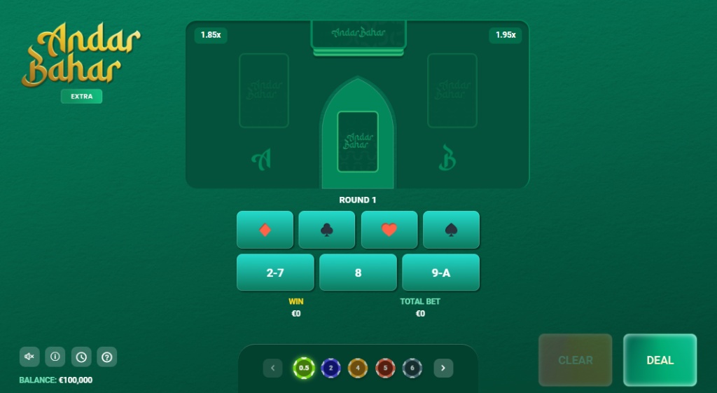 Andar Bahar Extra game interface by PopOK Gaming featuring the green betting table, chip selector, and main Andar vs Bahar betting zones.