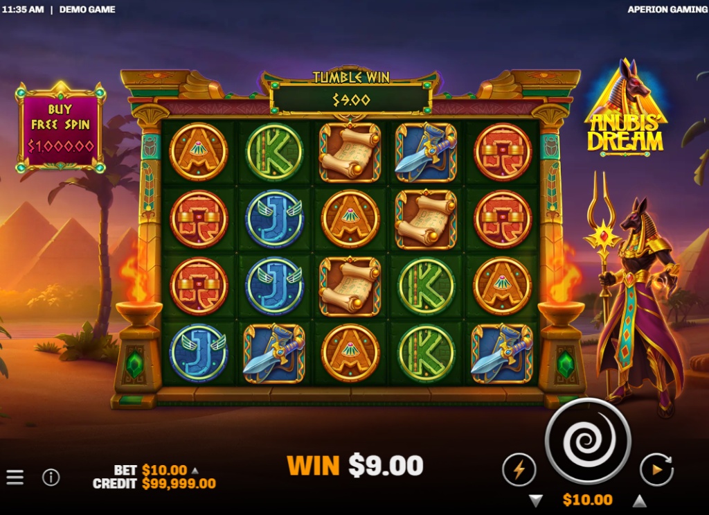 Anubis' Dream slot base game screen with 5x4 reel layout and Anubis character.
