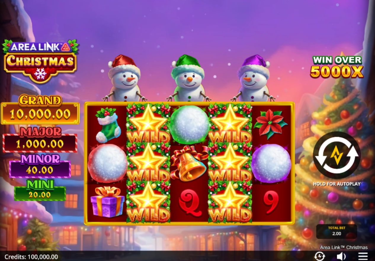 Area Link Christmas slot demo base game grid showing the 5x4 reels, 20 paylines, and the three Snowman upgrade meters at the top.