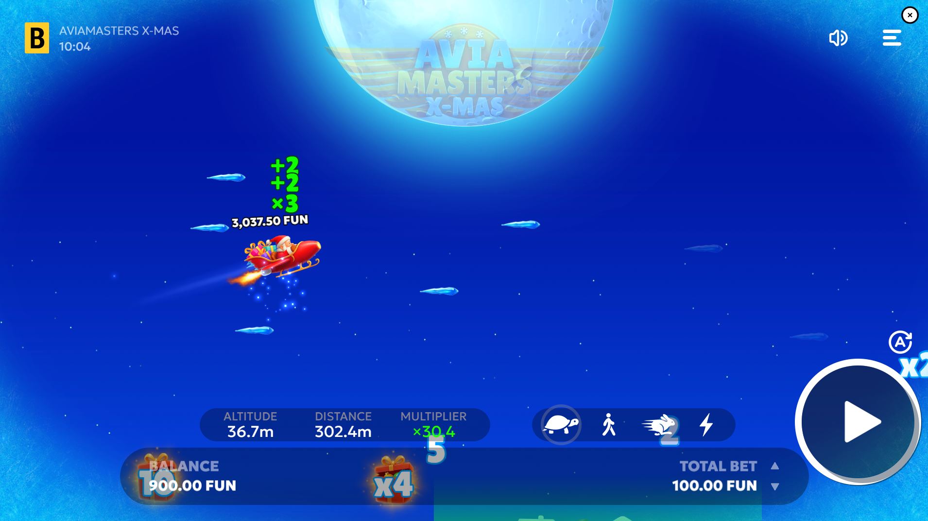 Gameplay of Aviamasters X-mas with Santa's sleigh flying through the air collecting multipliers.