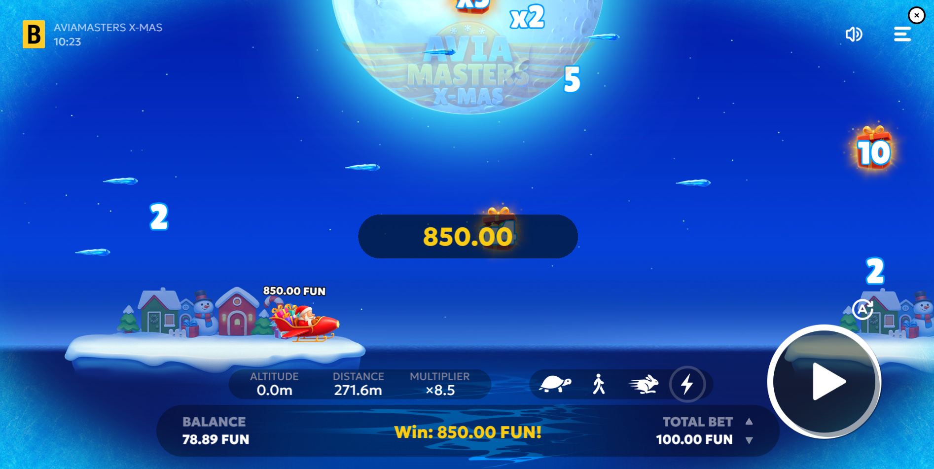 The win screen shows a successful landing in the Avia Masters game, with the final winnings displayed.