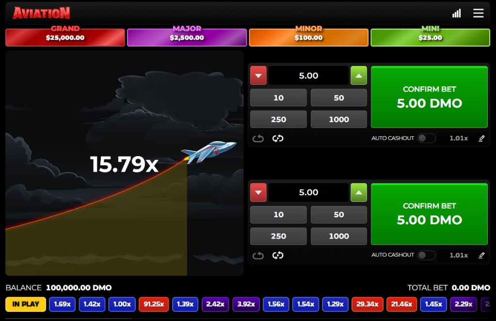 The main game screen of the Aviation crash game demo, showing the plane at a 15.79x multiplier.