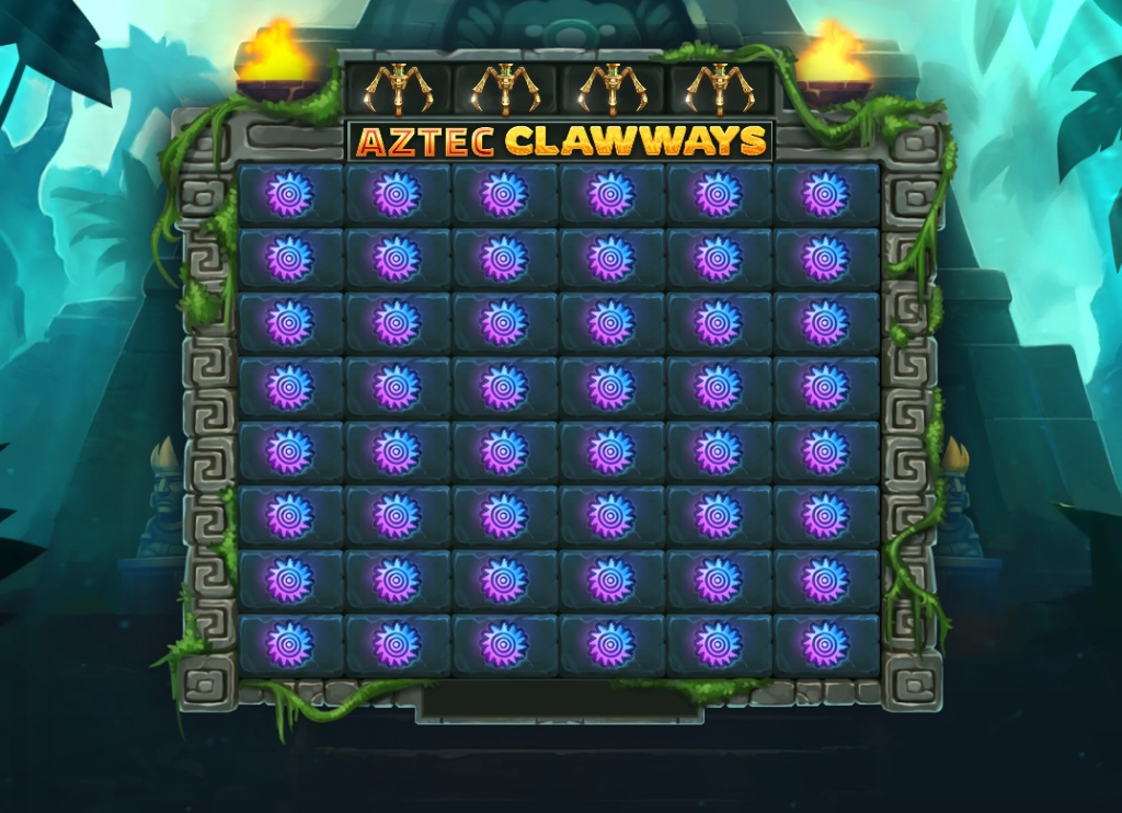 The 6x4 main game grid of the Aztec Clawways slot, showing the Aztec temple setting and Altar Status bar.
