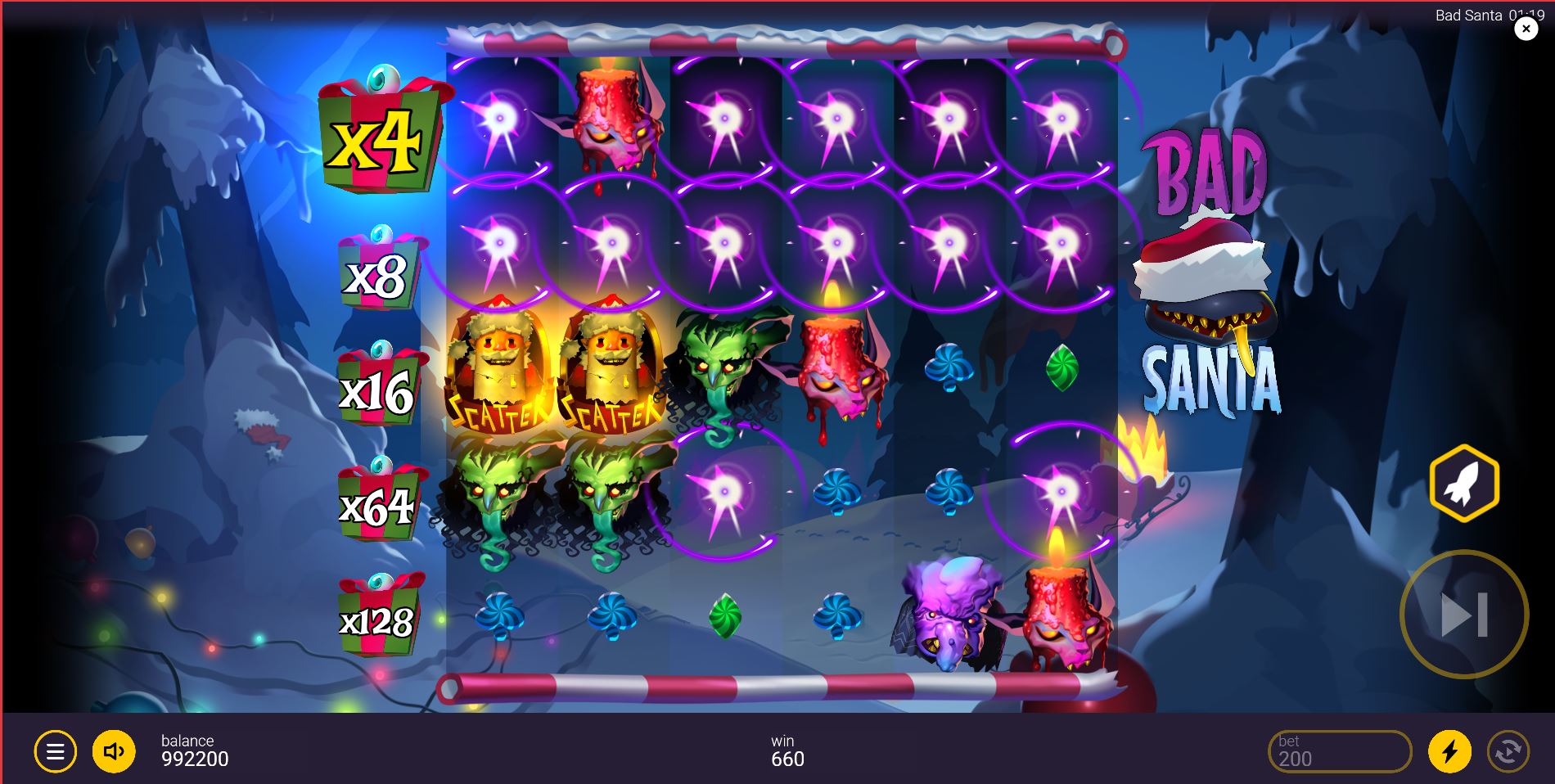 A winning cascade in the Bad Santa slot demo, with winning symbols exploding to make way for new ones.