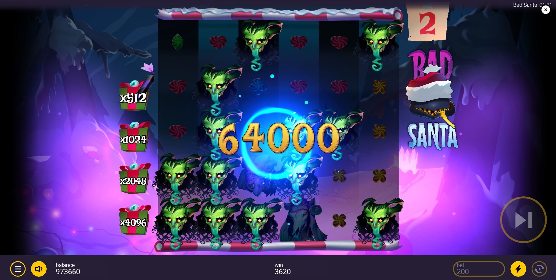 The Bad Santa free spins round with a high multiplier of x256 displayed on the gift ladder, indicating massive win potential.