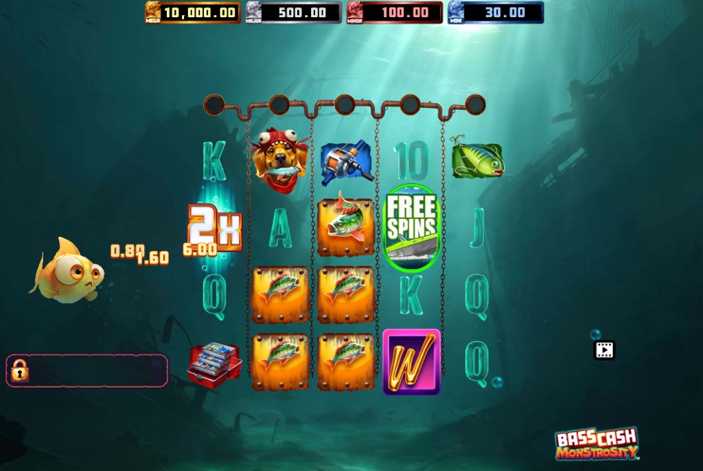 The main 5x4 game grid of Bass Cash Monstrosity, showing the reels set in a deep-sea shipwreck environment.