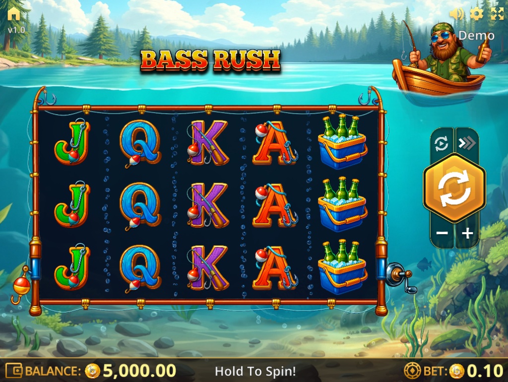 Bass Rush slot demo main game grid, showing the 5x3 reels with fishing-themed symbols and the fisherman in his boat.