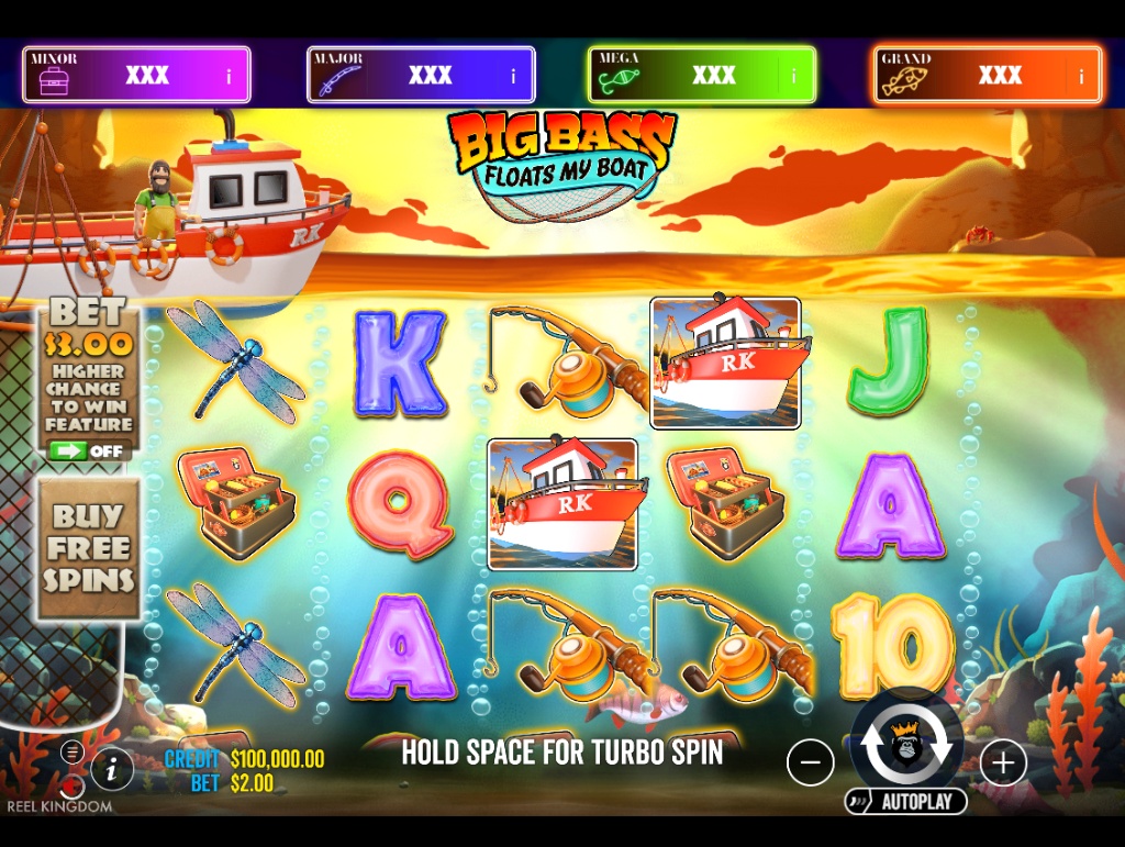 Big Bass Floats My Boat slot base game interface with 5x3 reels and fishing boat background.