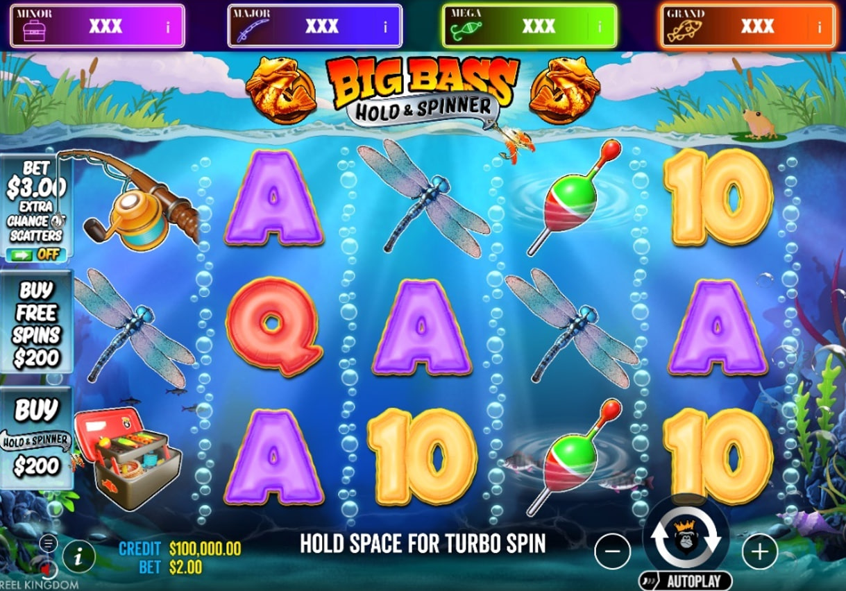 Big Bass Hold & Spinner – Big Bass Jackpot Bonanza slot base game reels with fishing rod, dragonfly, and tackle box symbols on a 5x3 grid.