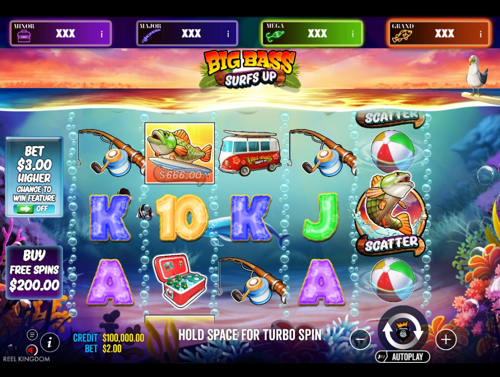 Big Bass Surf's Up slot base game featuring a tropical beach background and surfing theme.