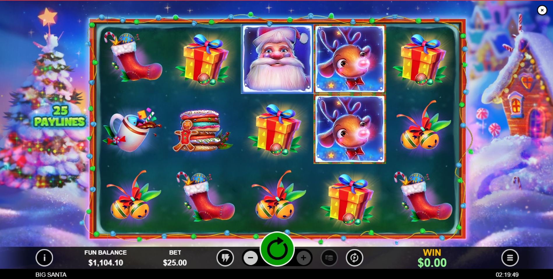 The 5x3 grid of the Big Santa slot by RTG, showing the main Christmas-themed symbols on the reels.